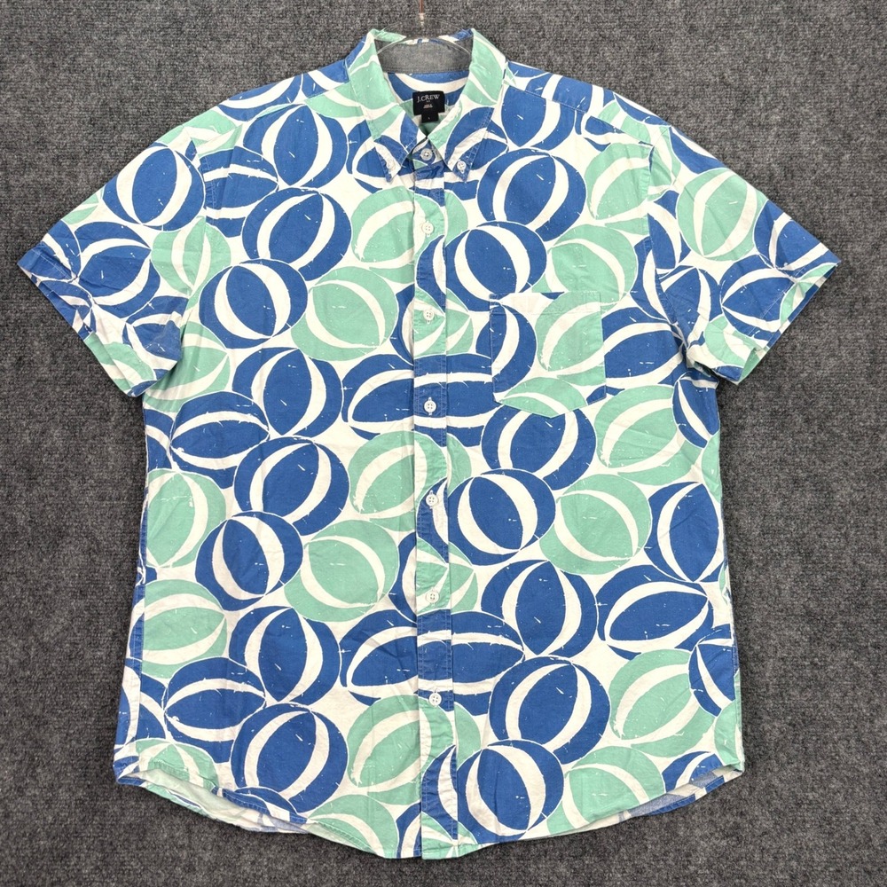 J.Crew Mens Large Blue Mint Green Beach Ball Print Short Sleeve ButtonDown Shirt